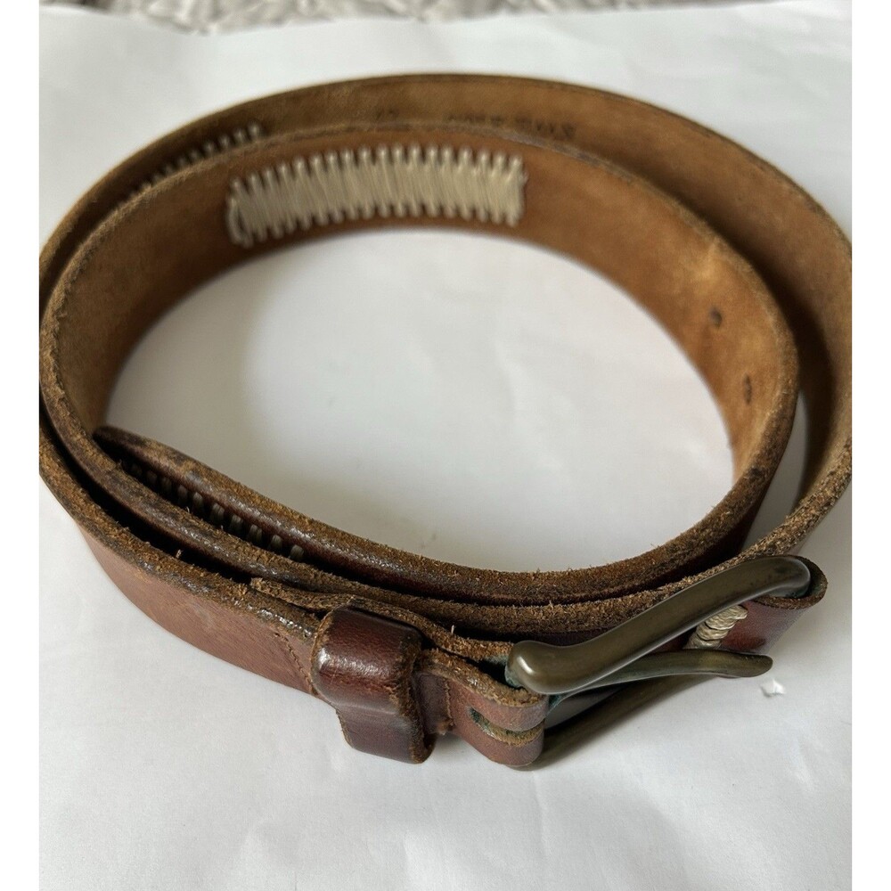 Vintage brown leather belt with cream color contrast stitching